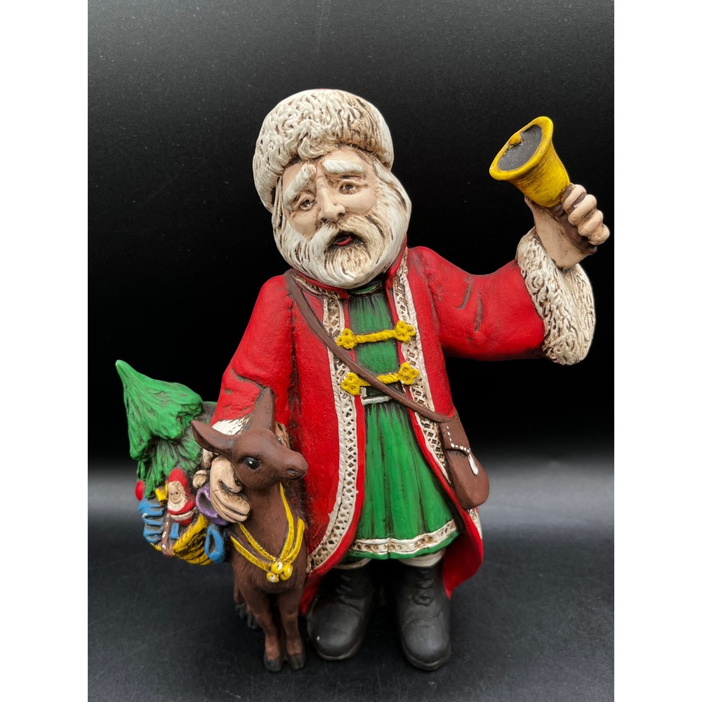 Ceramic Santa Claus Hand Painted Figurine Reindeer Bell 9" OOAK Vtg Christmas